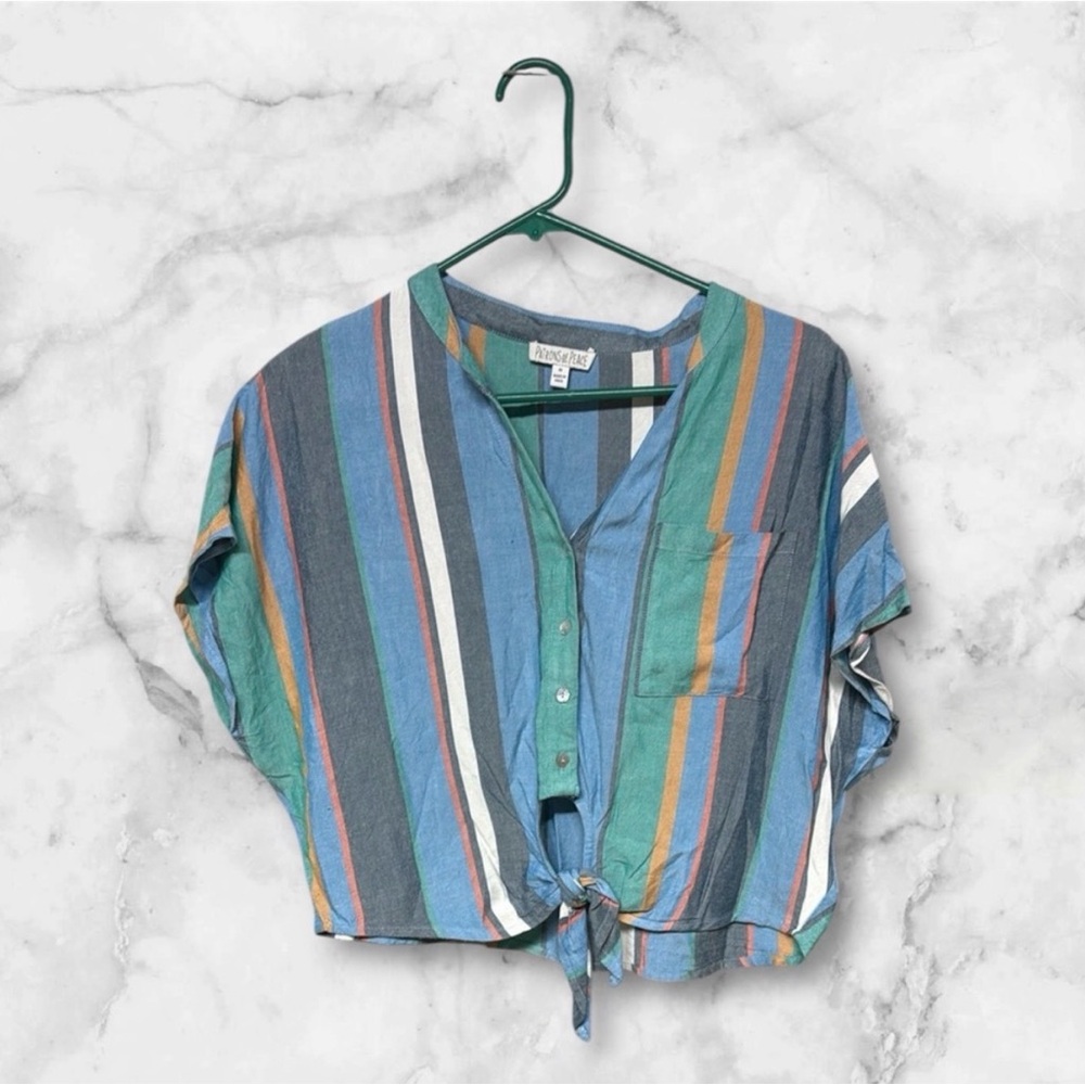 Patrons of Peace Green and Blue Short Sleeve Crop Button Down striped size M